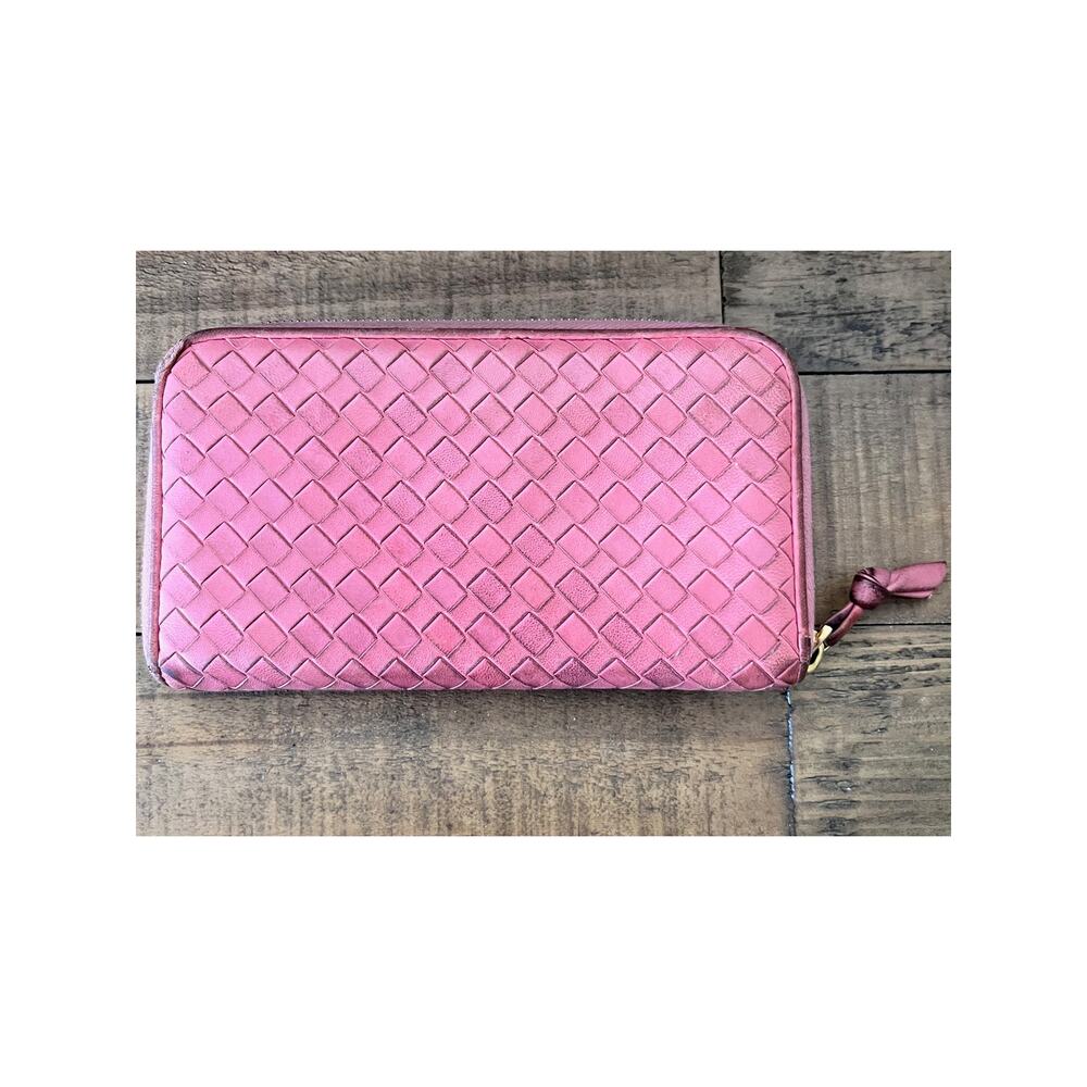 BOTTEGA VENETA Intrecciato Woven Leather Zip Around Long Wallet in Pink